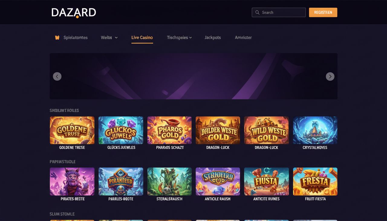 Startseite des Online Casinos Dazard mit Spielauswahl und Navigation