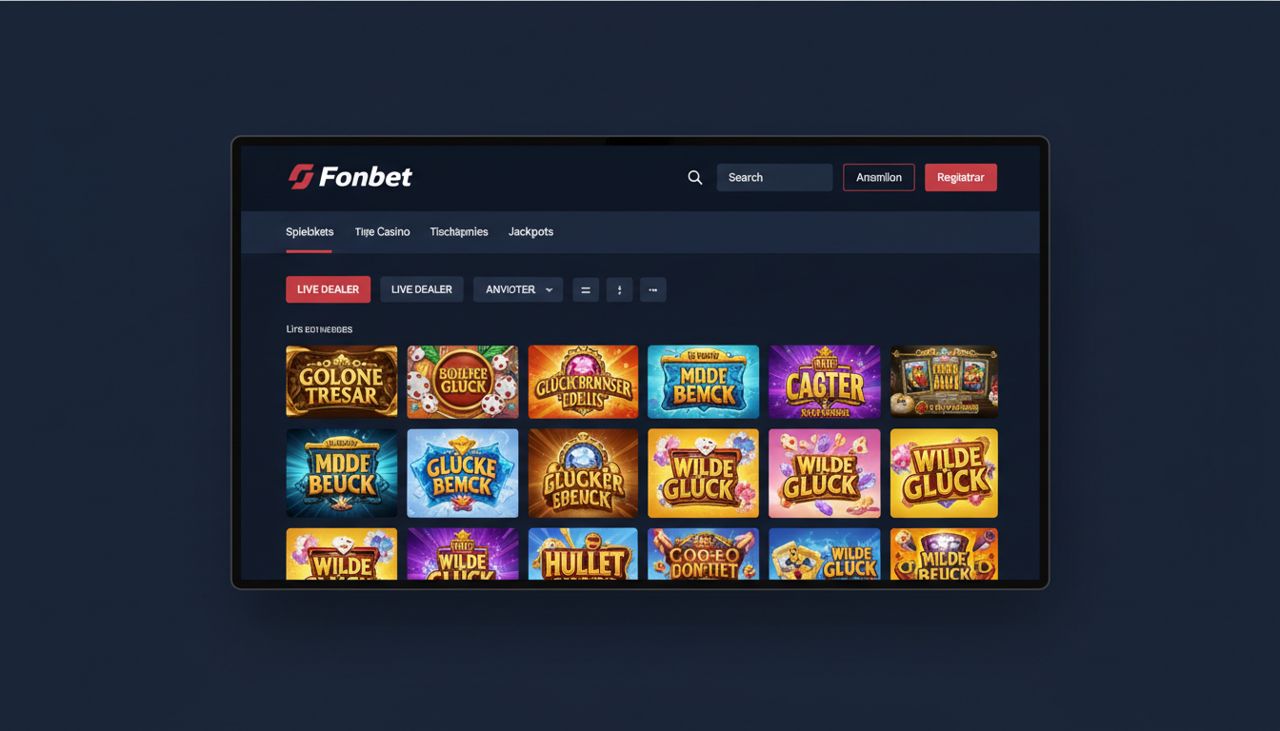 Startseite des Online Casinos Fonbet mit Navigation und Slot-Auswahl