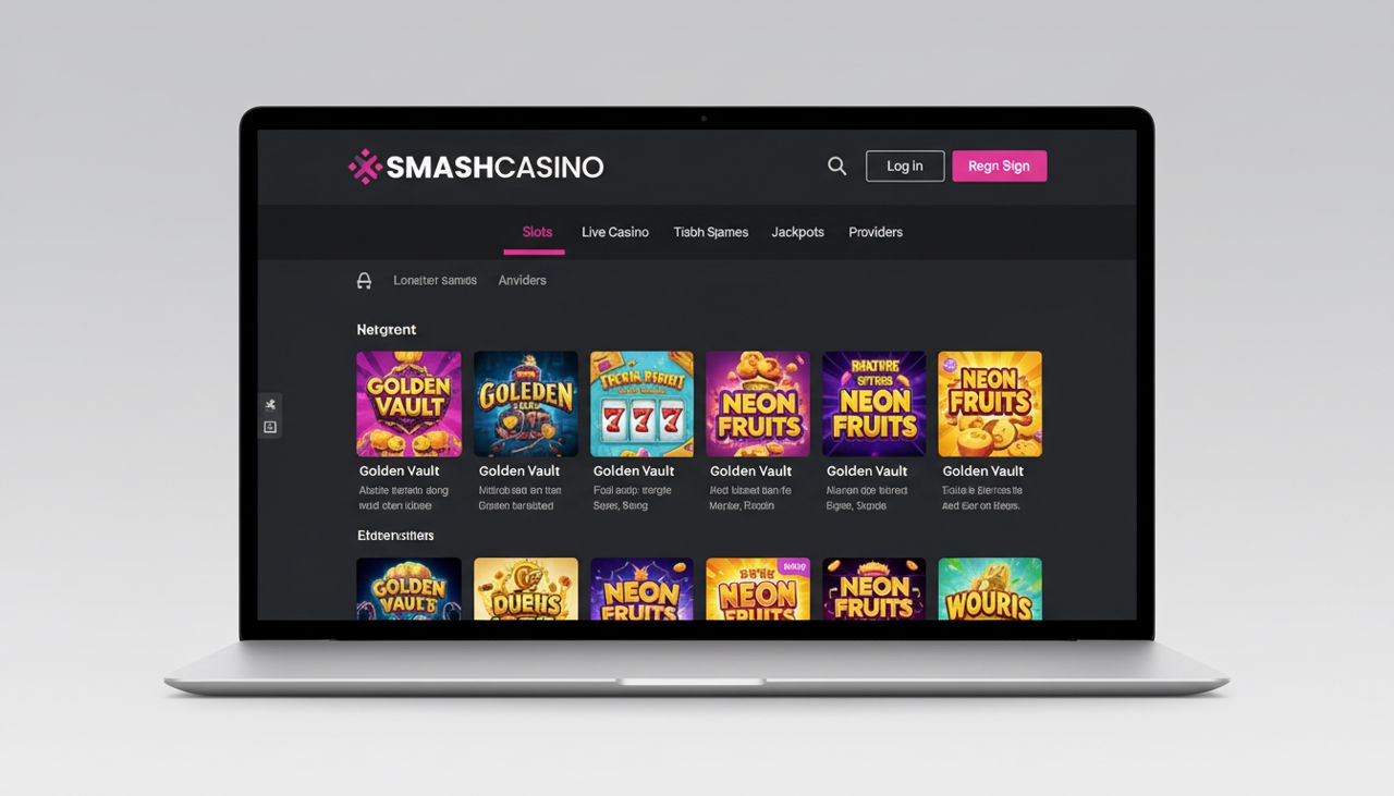 Startseite von Smashcasino mit Navigation, Login-Bereich und Übersicht der Spielkategorien