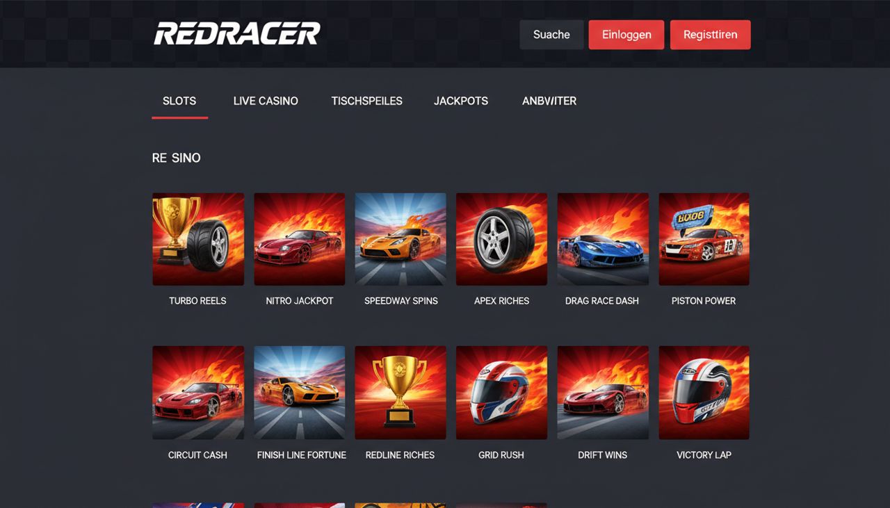 Startseite von Redracer mit Spielkategorien und Slot-Übersicht