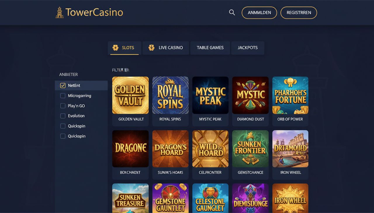 Startseite von TowerCasino mit Spielkategorien wie Slots, Live Casino, Tischspiele und Jackpots