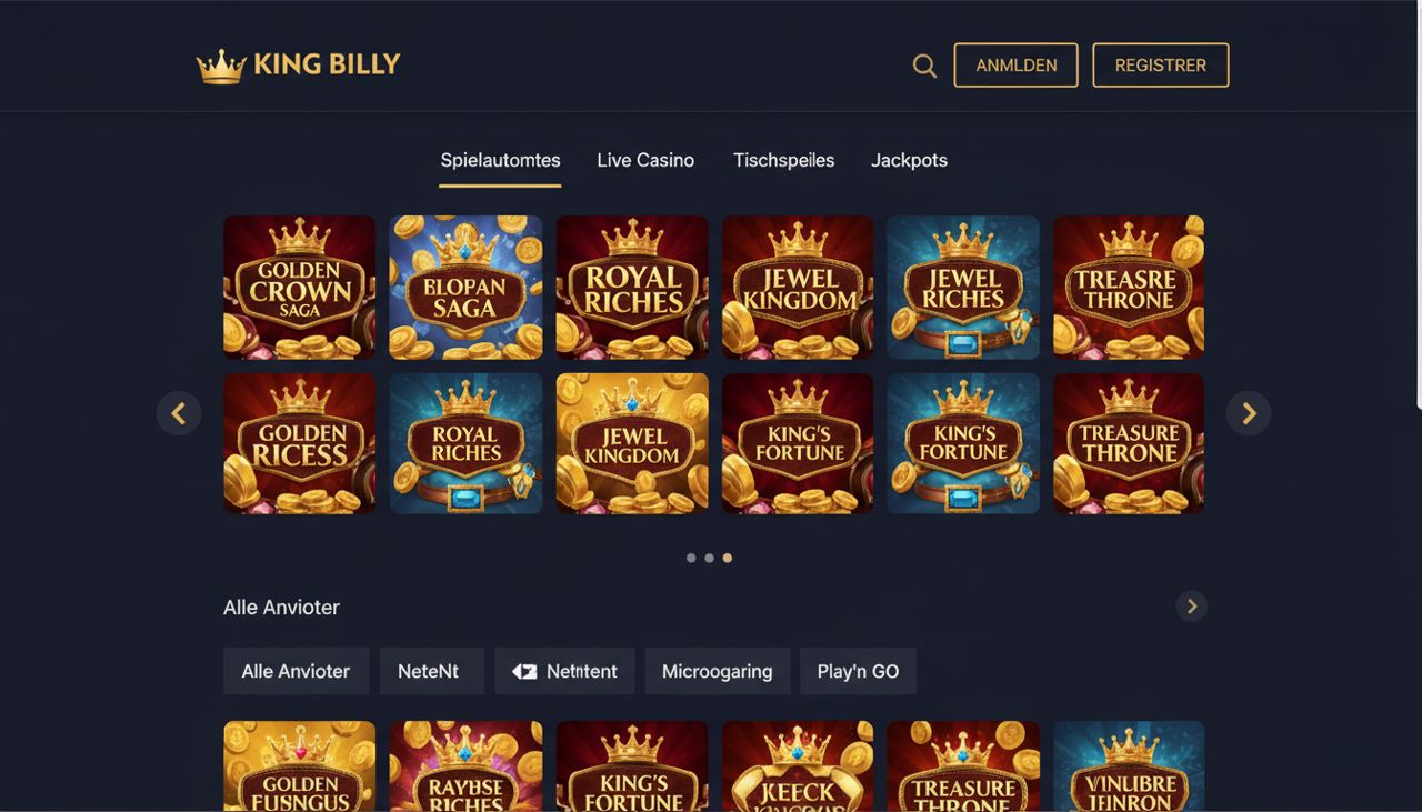 Startseite von King Billy mit Spielkategorien und Slot-Übersicht